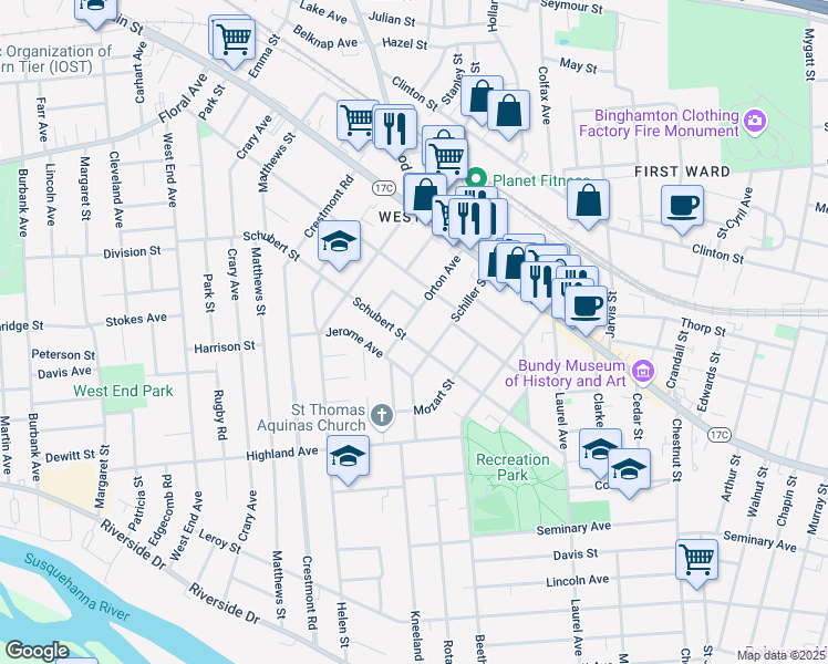 map of restaurants, bars, coffee shops, grocery stores, and more near 60 Schubert Street in Binghamton