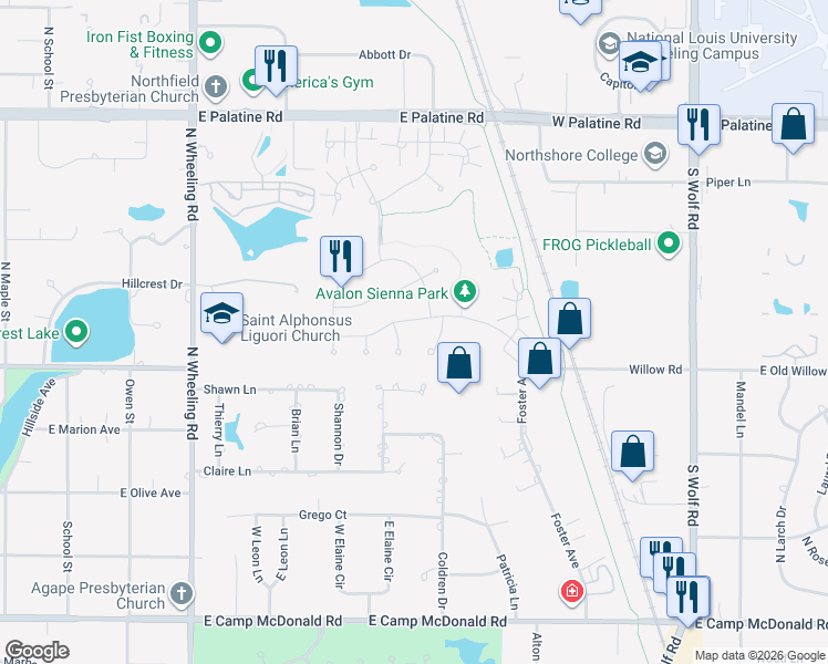 map of restaurants, bars, coffee shops, grocery stores, and more near 1940 Rochelle Court in Wheeling