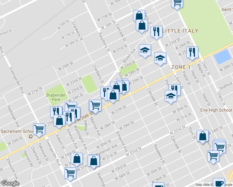 map of restaurants, bars, coffee shops, grocery stores, and more near 1137 West 25th Street in Erie
