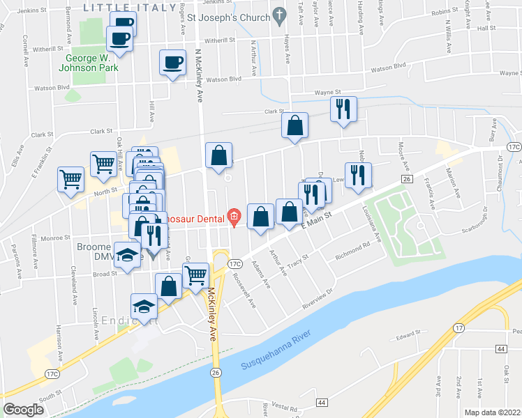 map of restaurants, bars, coffee shops, grocery stores, and more near 34 Arthur Avenue in Endicott