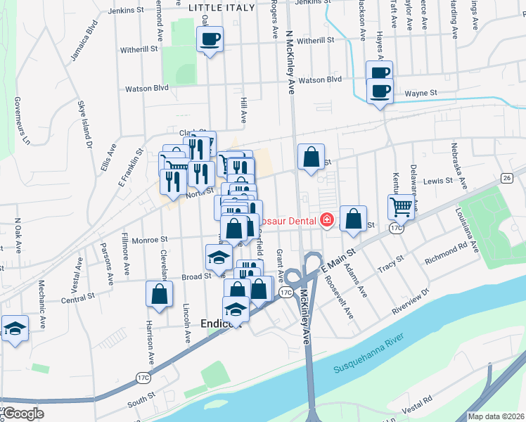 map of restaurants, bars, coffee shops, grocery stores, and more near 19 Garfield Avenue in Endicott