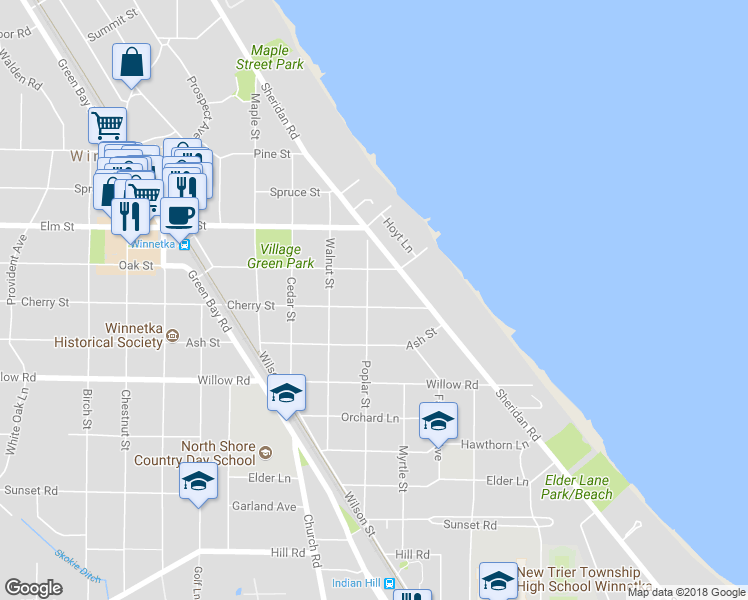 map of restaurants, bars, coffee shops, grocery stores, and more near 535 Cherry Street in Winnetka