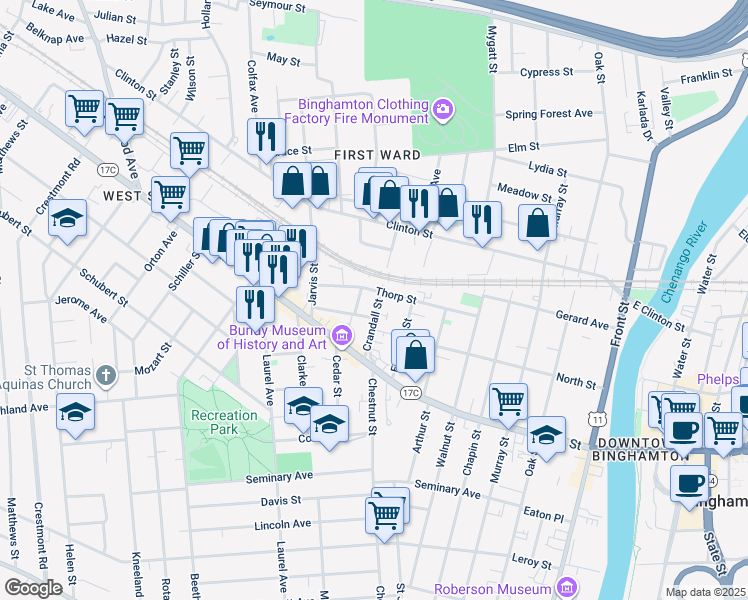 map of restaurants, bars, coffee shops, grocery stores, and more near 17 Crandall Street in Binghamton