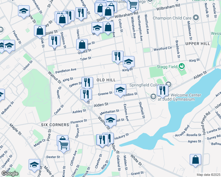 map of restaurants, bars, coffee shops, grocery stores, and more near 20 Monson Avenue in Springfield