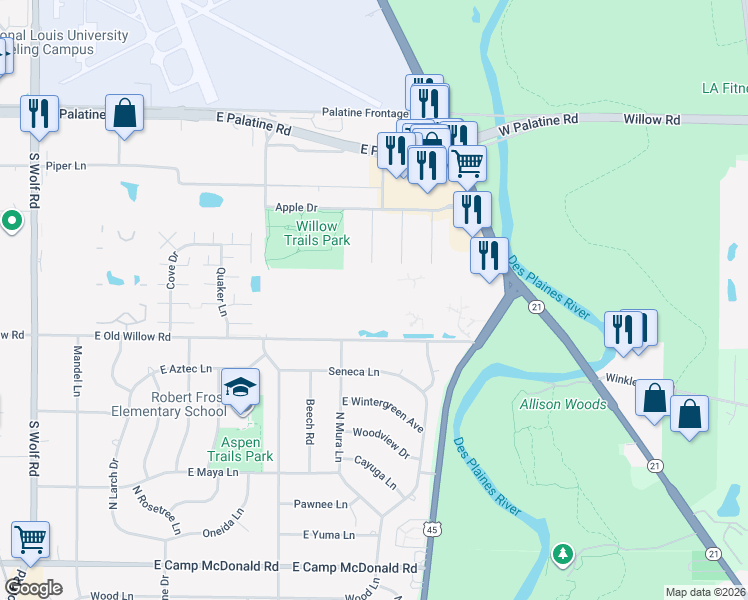 map of restaurants, bars, coffee shops, grocery stores, and more near 860 East Old Willow Road in Prospect Heights