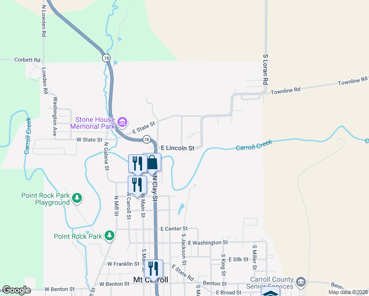map of restaurants, bars, coffee shops, grocery stores, and more near 173 East Lincoln Street in Mount Carroll