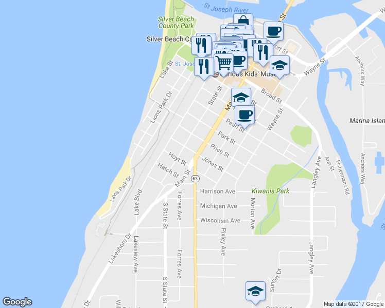 map of restaurants, bars, coffee shops, grocery stores, and more near 1000 Main Street in St. Joseph