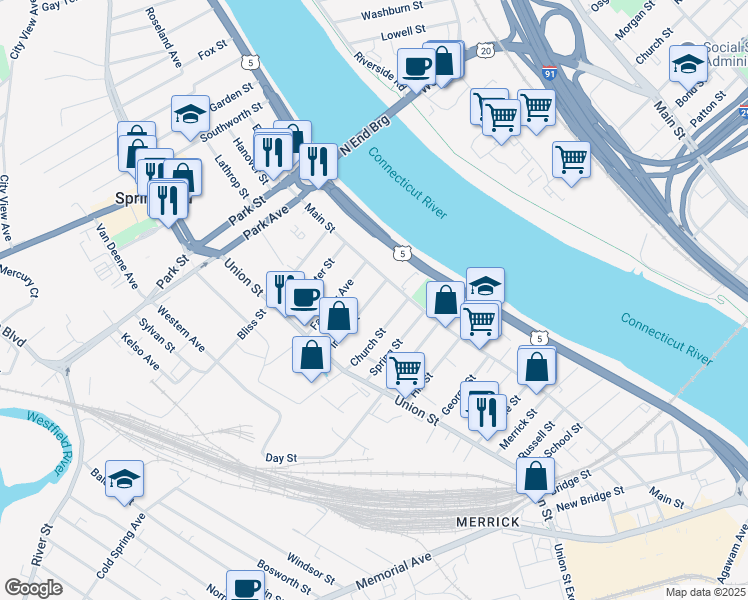 map of restaurants, bars, coffee shops, grocery stores, and more near 23 Irving Street in West Springfield