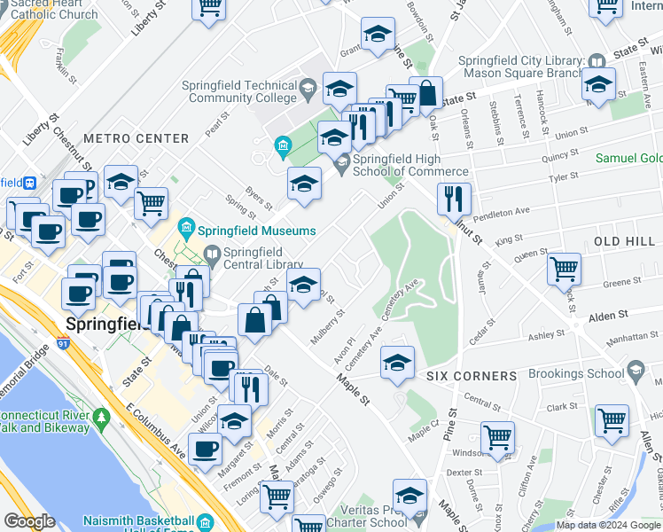 map of restaurants, bars, coffee shops, grocery stores, and more near 54 Ridgewood Place in Springfield
