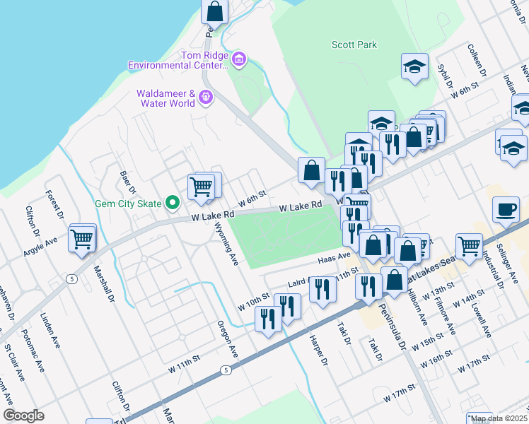 map of restaurants, bars, coffee shops, grocery stores, and more near 2953 West Lake Road in Erie