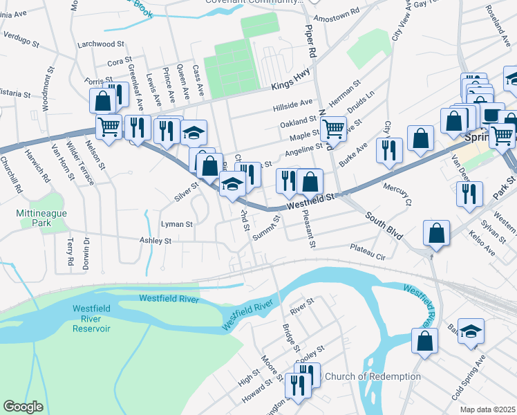 map of restaurants, bars, coffee shops, grocery stores, and more near 833 Westfield Street in West Springfield