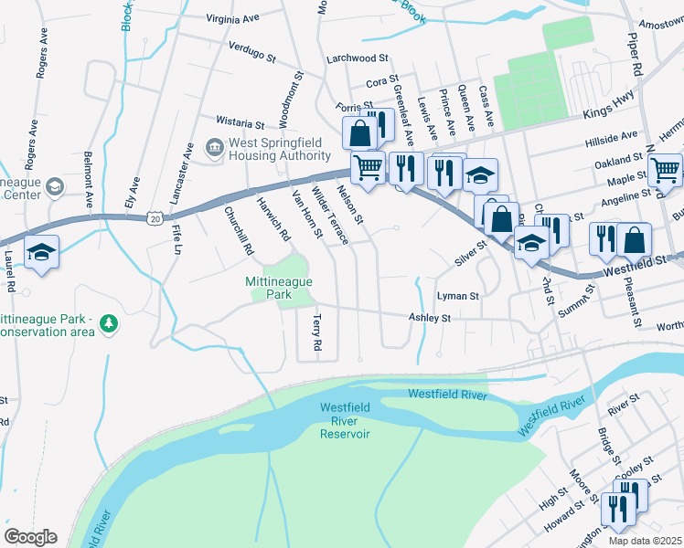 map of restaurants, bars, coffee shops, grocery stores, and more near 125 Van Horn Street in West Springfield