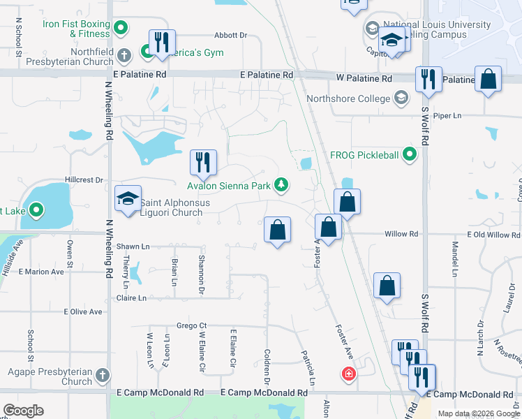 map of restaurants, bars, coffee shops, grocery stores, and more near 1940 Rochelle Court in Wheeling