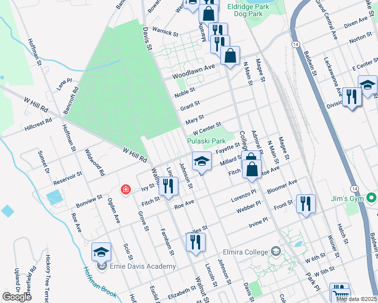 map of restaurants, bars, coffee shops, grocery stores, and more near 400 Tompkins Street in Elmira