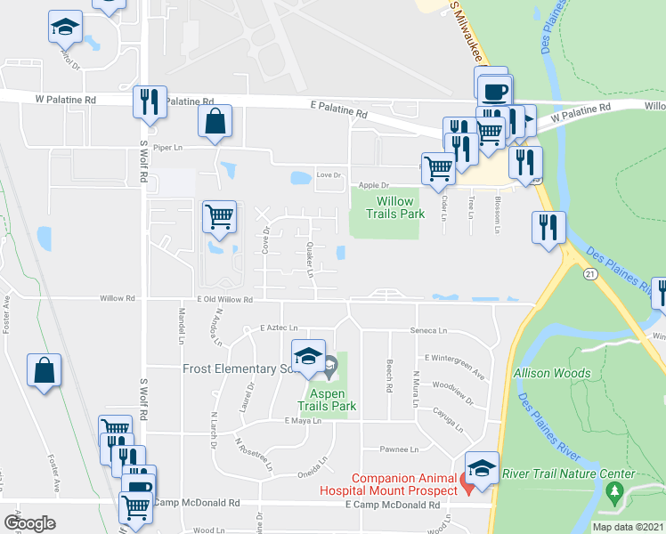 map of restaurants, bars, coffee shops, grocery stores, and more near 1489 Quaker Lane in Prospect Heights
