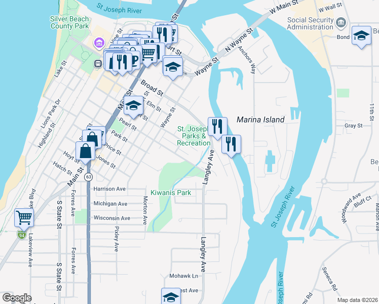 map of restaurants, bars, coffee shops, grocery stores, and more near 1221 Guernsey Court in Saint Joseph