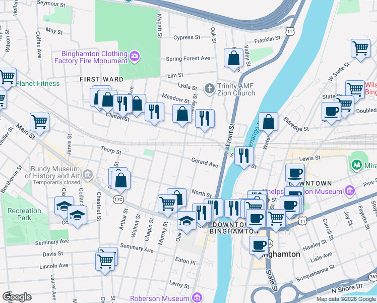 map of restaurants, bars, coffee shops, grocery stores, and more near 162 Murray Street in Binghamton