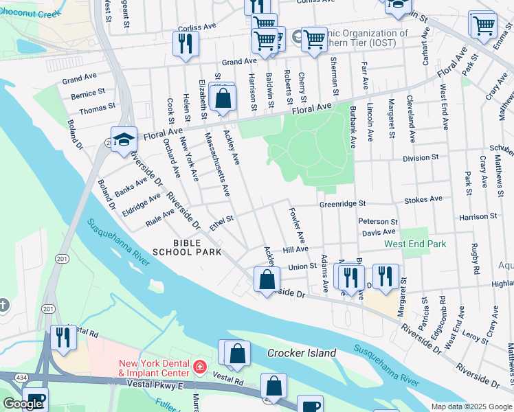 map of restaurants, bars, coffee shops, grocery stores, and more near 149 Ackley Avenue in Johnson City