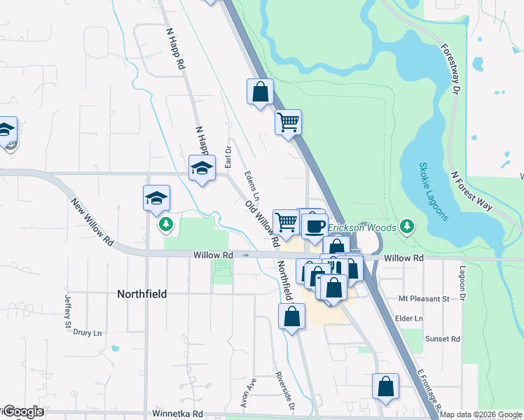 map of restaurants, bars, coffee shops, grocery stores, and more near 1885 Old Willow Road in Northfield