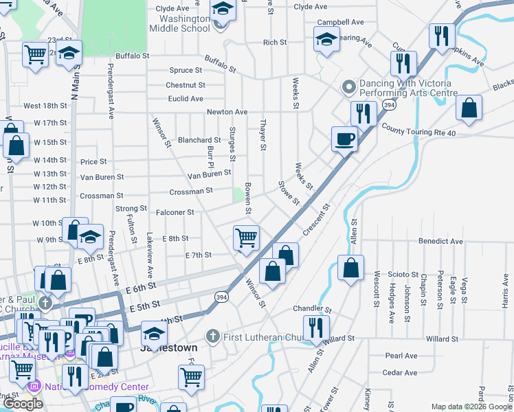 map of restaurants, bars, coffee shops, grocery stores, and more near 58 Bowen Street in Jamestown