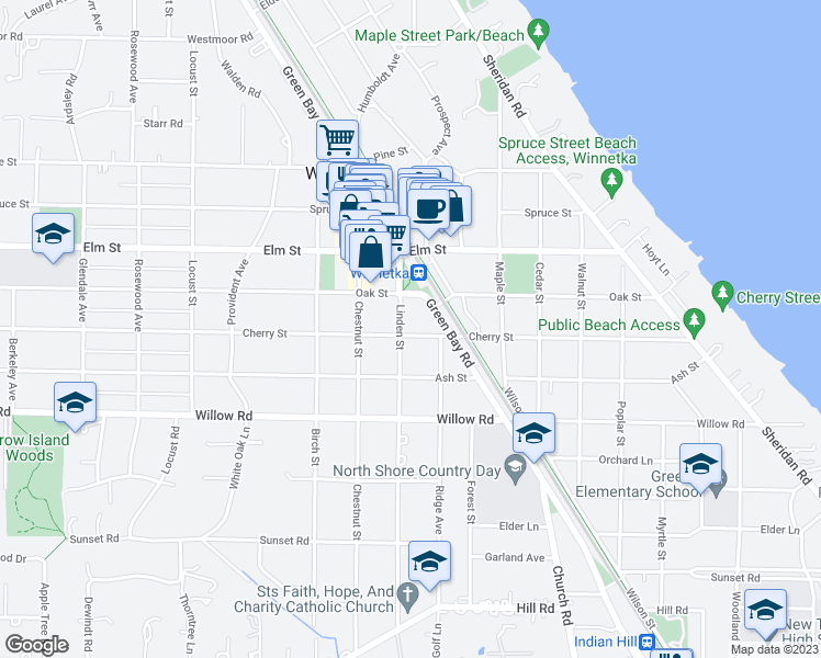 map of restaurants, bars, coffee shops, grocery stores, and more near 455 Linden Street in Winnetka