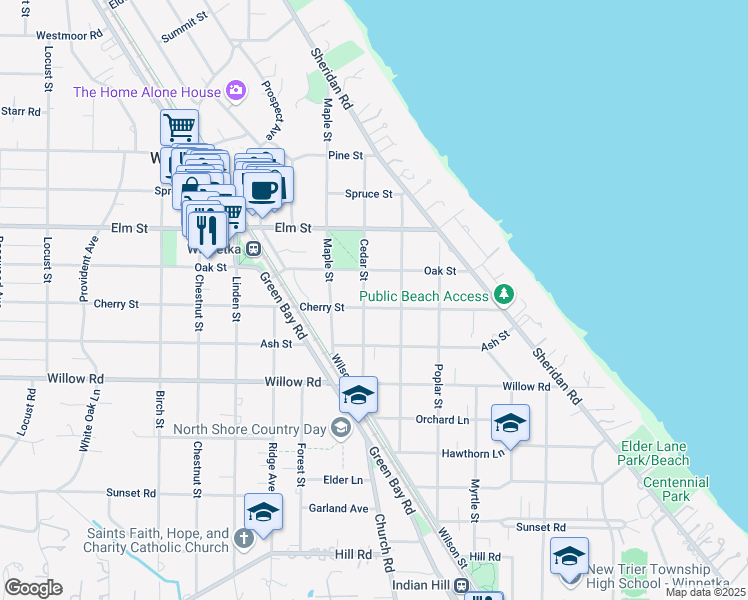 map of restaurants, bars, coffee shops, grocery stores, and more near 615 Cherry Street in Winnetka