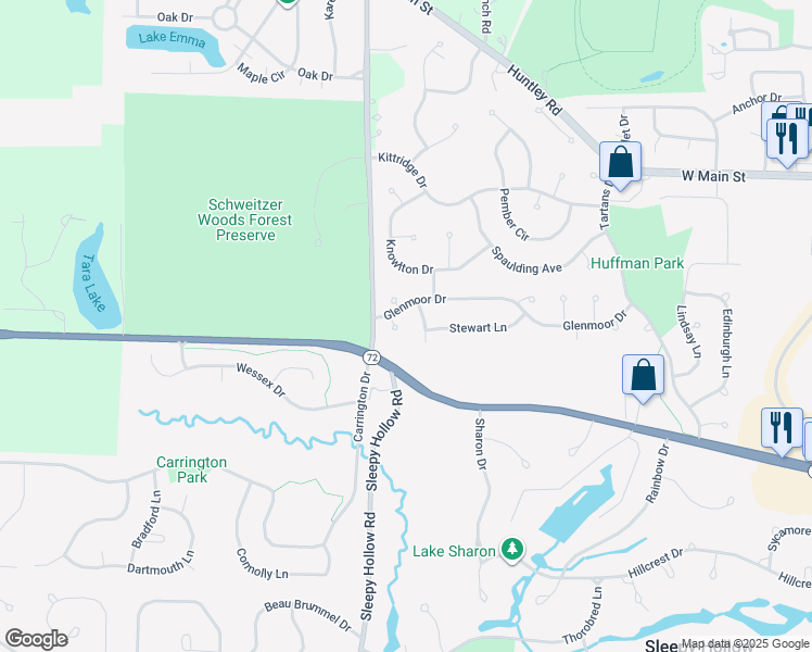 map of restaurants, bars, coffee shops, grocery stores, and more near 615 Prestwick Court in West Dundee