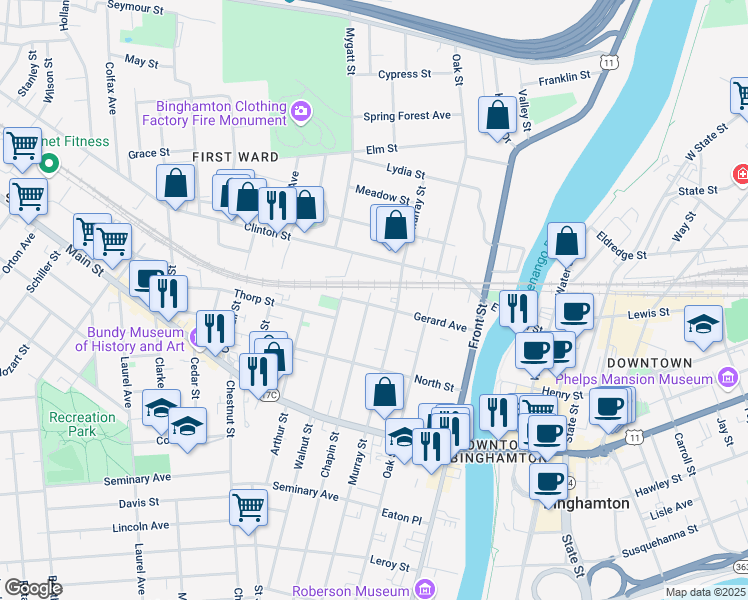 map of restaurants, bars, coffee shops, grocery stores, and more near 196 Chapin Street in Binghamton