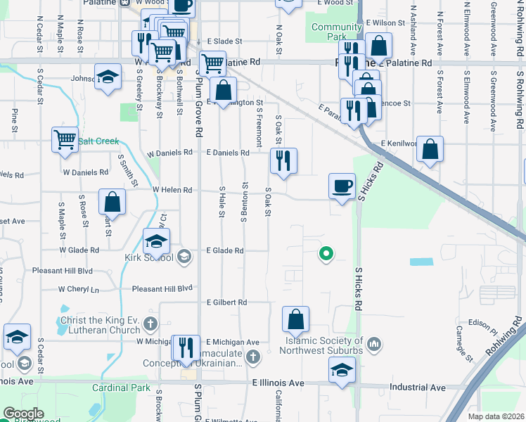 map of restaurants, bars, coffee shops, grocery stores, and more near 324 South Oak Street in Palatine