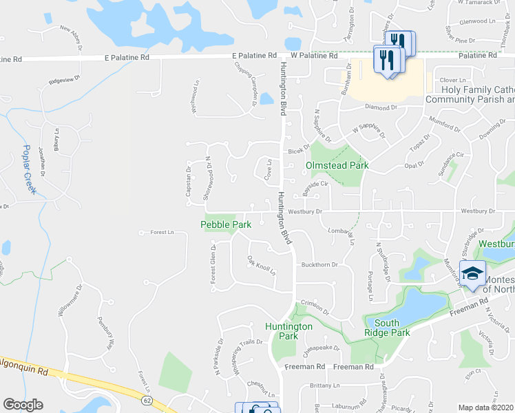 map of restaurants, bars, coffee shops, grocery stores, and more near 1750 Westbury Drive in Hoffman Estates