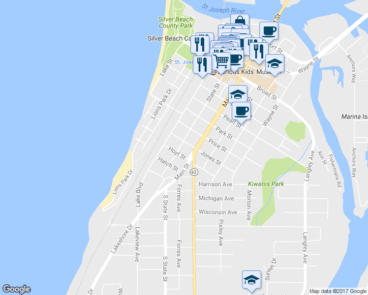 map of restaurants, bars, coffee shops, grocery stores, and more near 1007 State Street in Saint Joseph
