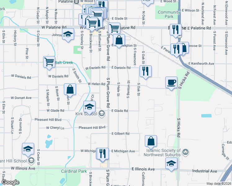 map of restaurants, bars, coffee shops, grocery stores, and more near 324 South Hale Street in Palatine
