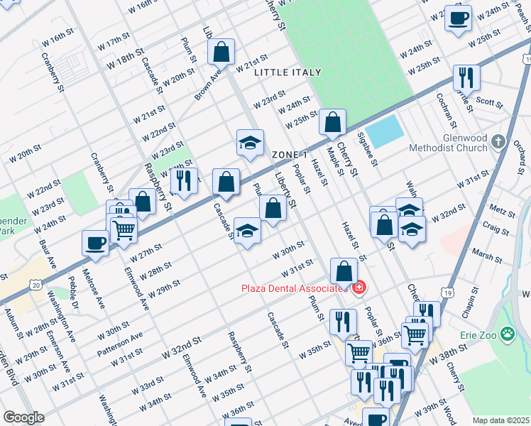 map of restaurants, bars, coffee shops, grocery stores, and more near 2728 Plum Street in Erie