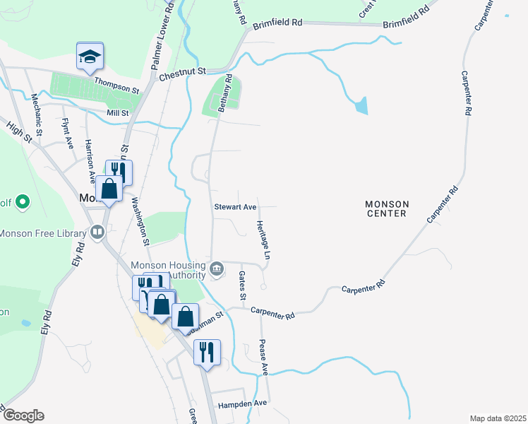 map of restaurants, bars, coffee shops, grocery stores, and more near 17 Stewart Avenue in Monson