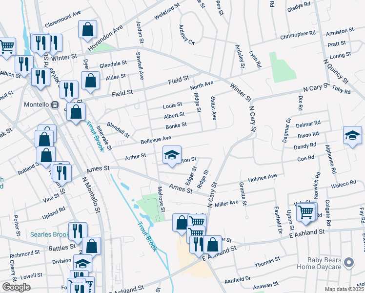 map of restaurants, bars, coffee shops, grocery stores, and more near 118 Arthur Street in Brockton