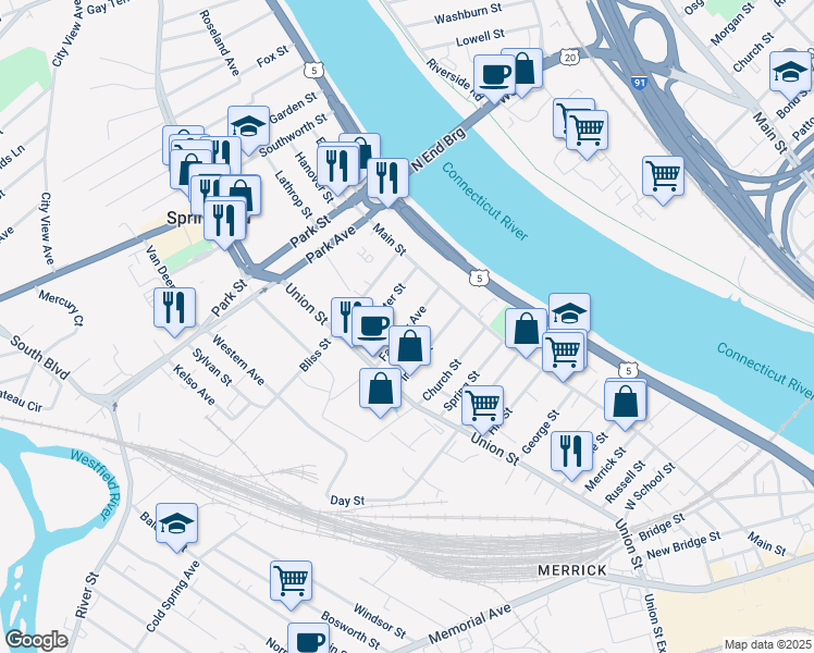 map of restaurants, bars, coffee shops, grocery stores, and more near 51 Fairview Avenue in West Springfield