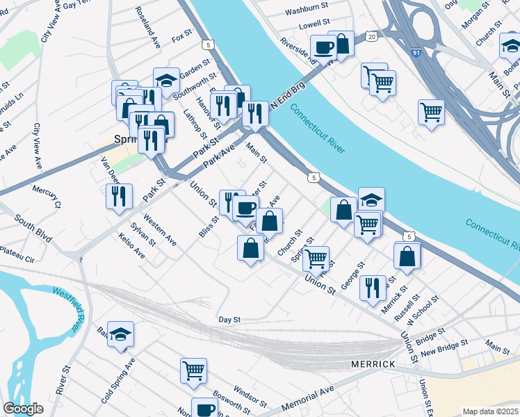 map of restaurants, bars, coffee shops, grocery stores, and more near 51 Fairview Avenue in West Springfield