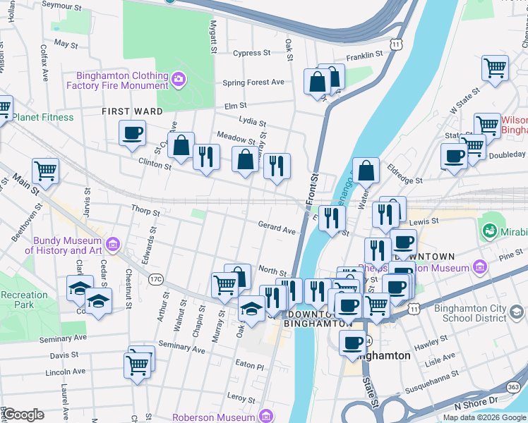 map of restaurants, bars, coffee shops, grocery stores, and more near 168 Oak Street in Binghamton
