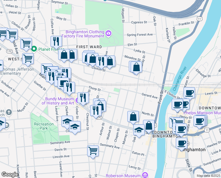 map of restaurants, bars, coffee shops, grocery stores, and more near 14 Thorp Street in Binghamton