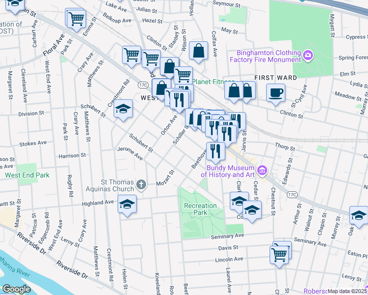 map of restaurants, bars, coffee shops, grocery stores, and more near 34 Haendel Street in Binghamton