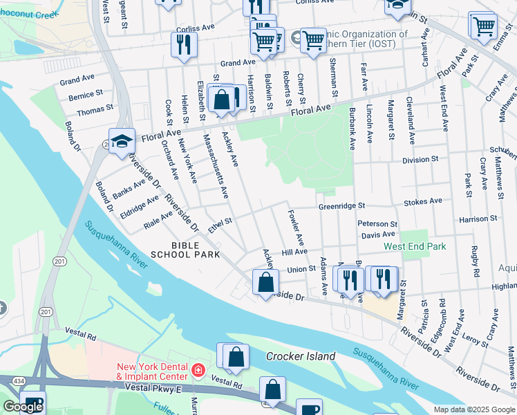 map of restaurants, bars, coffee shops, grocery stores, and more near 149 Ackley Avenue in Johnson City