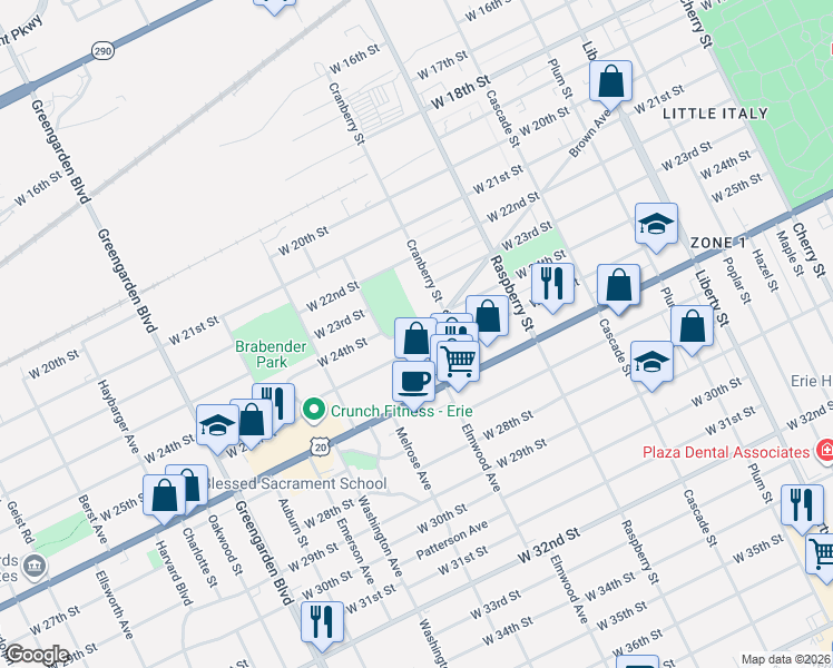 map of restaurants, bars, coffee shops, grocery stores, and more near 1229 West 24th Street in Erie