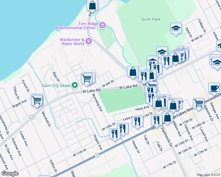 map of restaurants, bars, coffee shops, grocery stores, and more near 2953-3077 W Lake Rd in Erie