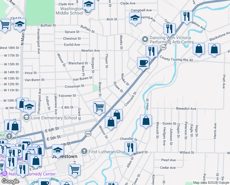 map of restaurants, bars, coffee shops, grocery stores, and more near 48 Thayer Street in Jamestown