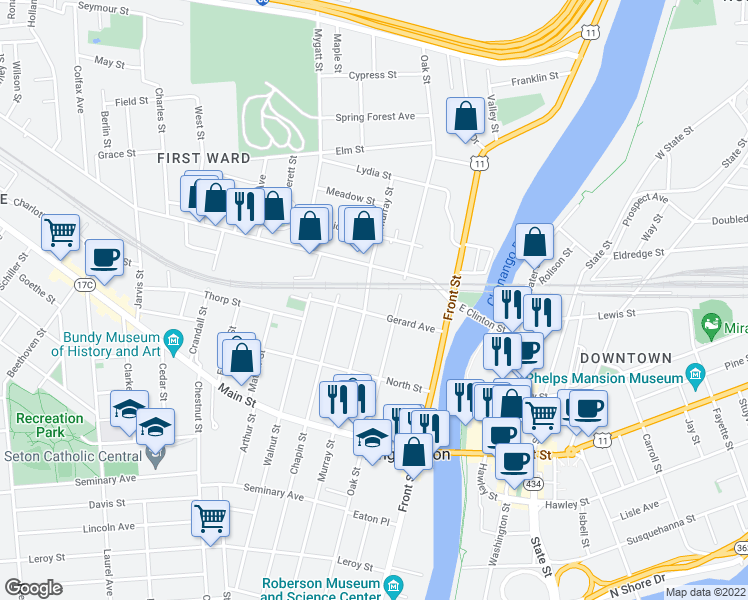 map of restaurants, bars, coffee shops, grocery stores, and more near 162 Murray Street in Binghamton