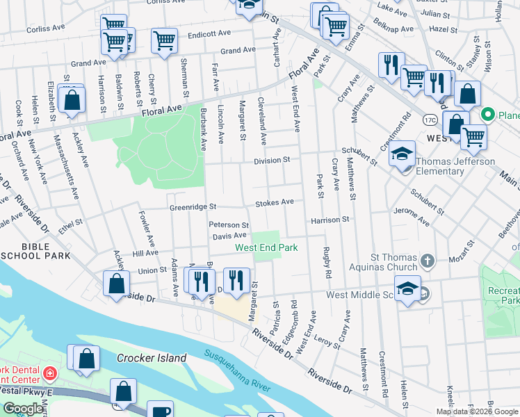 map of restaurants, bars, coffee shops, grocery stores, and more near 2 Greenridge Street in Johnson City