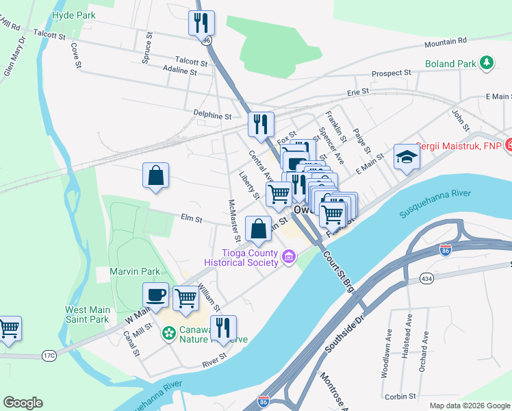map of restaurants, bars, coffee shops, grocery stores, and more near 24 Temple Street in Owego