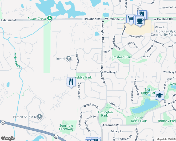 map of restaurants, bars, coffee shops, grocery stores, and more near 1750 Westbury Drive in Hoffman Estates