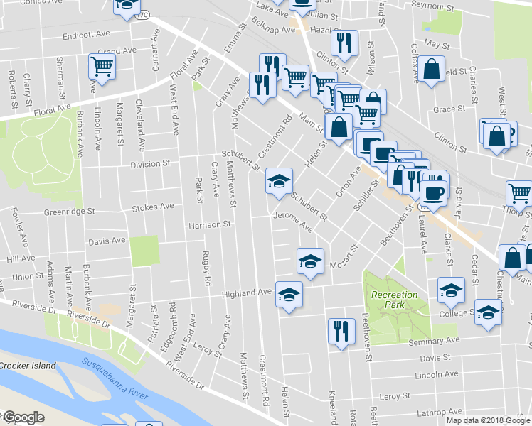 map of restaurants, bars, coffee shops, grocery stores, and more near 1 Minden Avenue in Binghamton