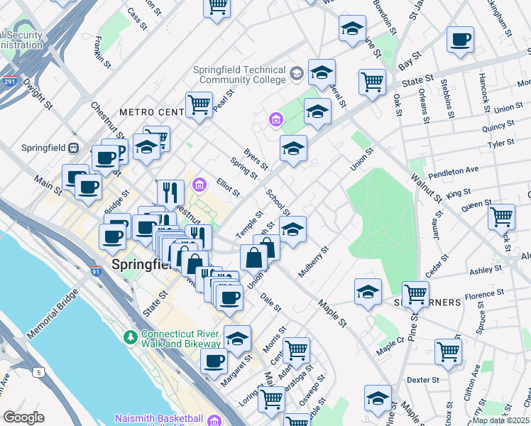 map of restaurants, bars, coffee shops, grocery stores, and more near 74 Temple Street in Springfield